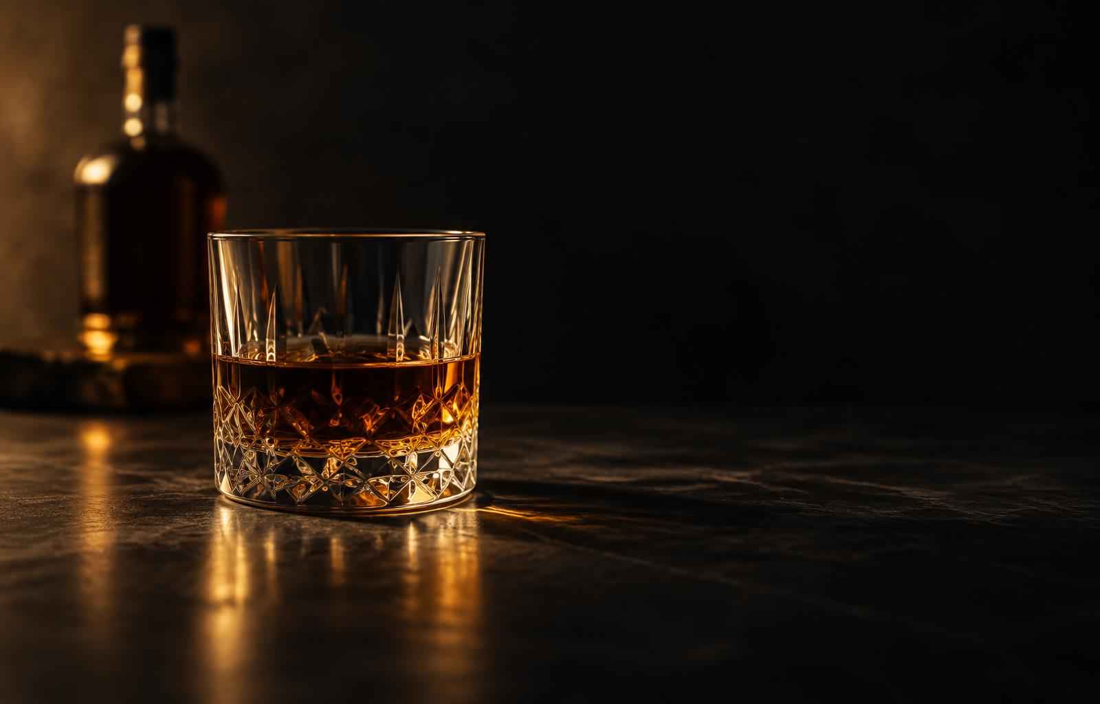 A glass of whisky lit by warm golden light